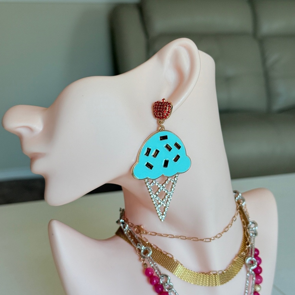 Aqua Ice Cream Cone Statement Earrings with Red Stud